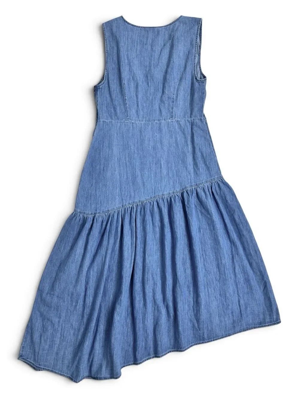 GAP NWT Chambray Denim Asymmetrical Midi Dress V-Neck Blue L Coastal Prairie - Picture 2 of 16